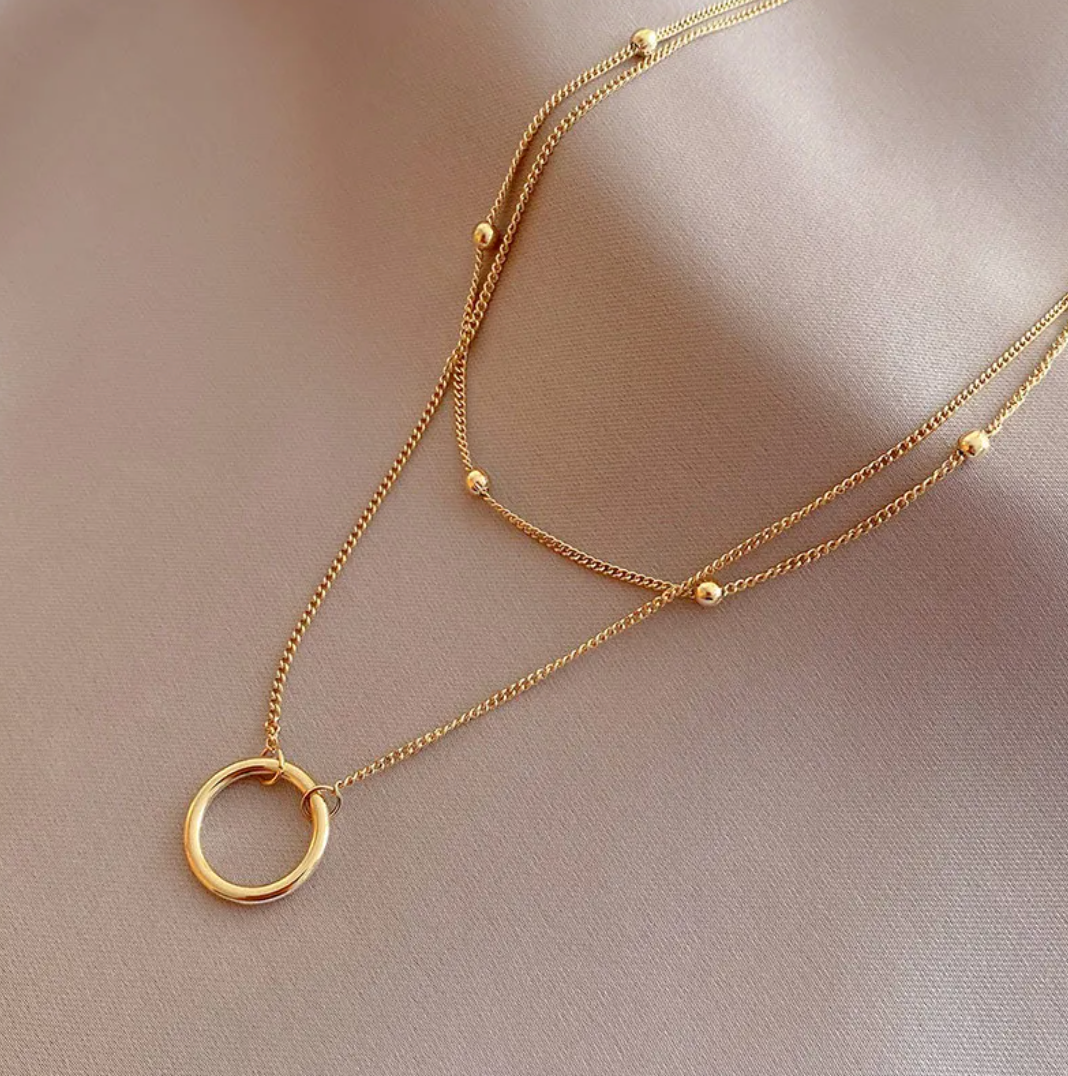 Collier double en plaqué or 18 carats avec anneau