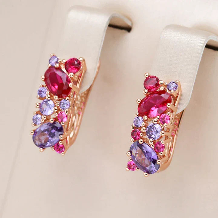 Boucles d'oreilles boutons plaquées or rose 18K avec zircons rubis, améthyste et quartz rose - AC