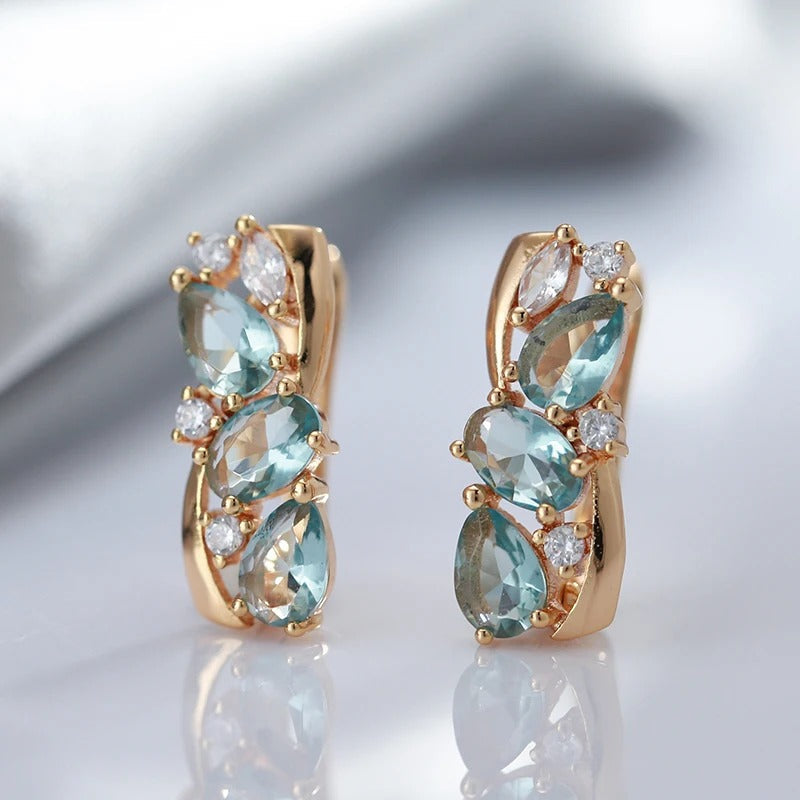 Boucles d'oreilles longues plaquées or rose 18kt avec aigue-marine et zircon cubique blanc - AC
